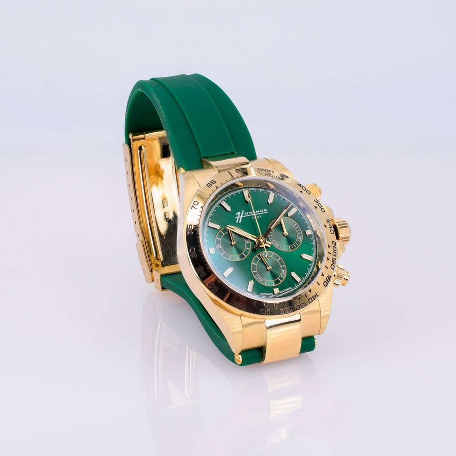 Huranus Chronograph Green Dial – 18k Gold & Rubber Strap