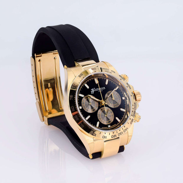 Huranus Chronograph Black Dial – 18k Gold &amp; Rubber Strap