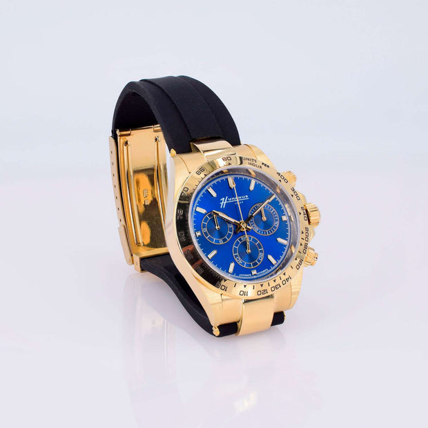 Huranus Chronograph Blu Dial – 18k Gold &amp; Rubber Strap