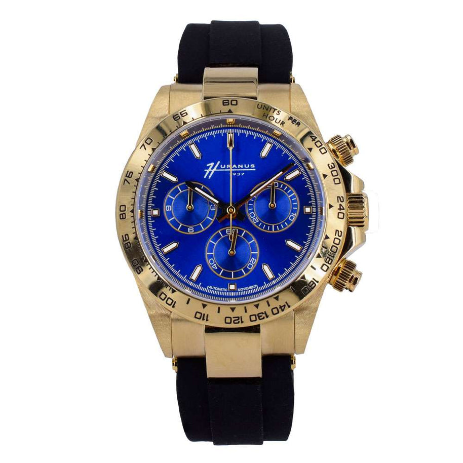 Huranus Chronograph Blu Dial – 18k Gold &amp; Rubber Strap