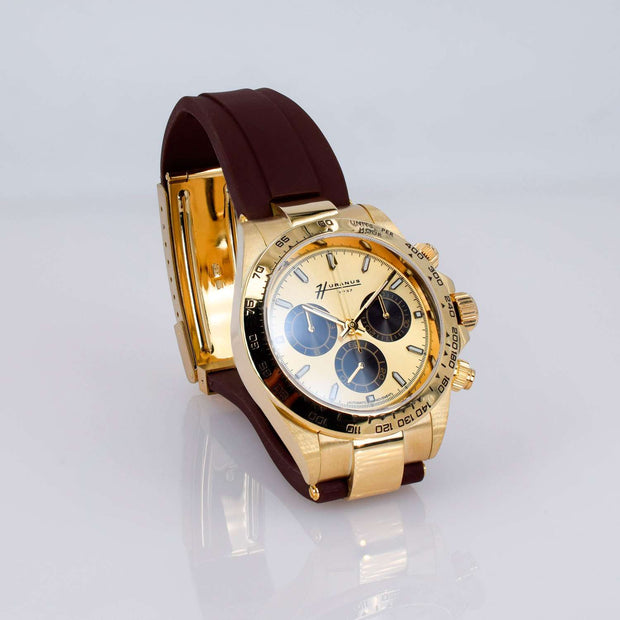 Huranus Chronograph Yellow Dial – 18k Gold &amp; Rubber Strap